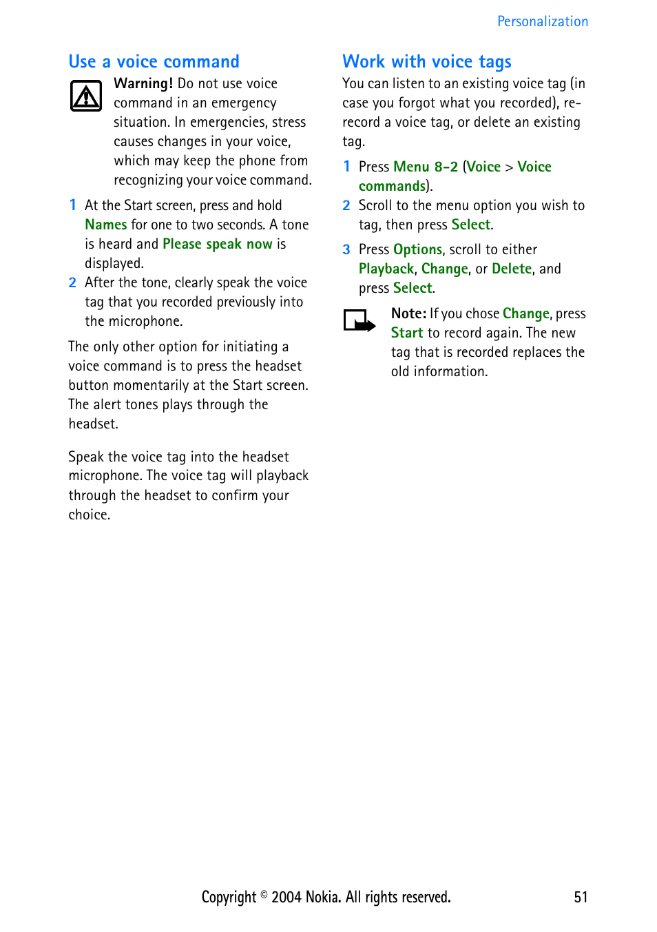 Use a voice command, Work with voice tags | Nokia 3586 User Manual | Page 55 / 98