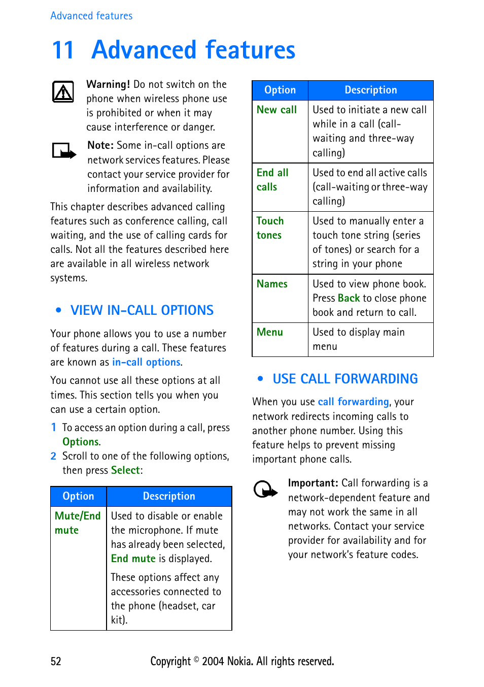 11 advanced features, View in-call options, Use call forwarding | View in-call options use call forwarding | Nokia 3586 User Manual | Page 56 / 98