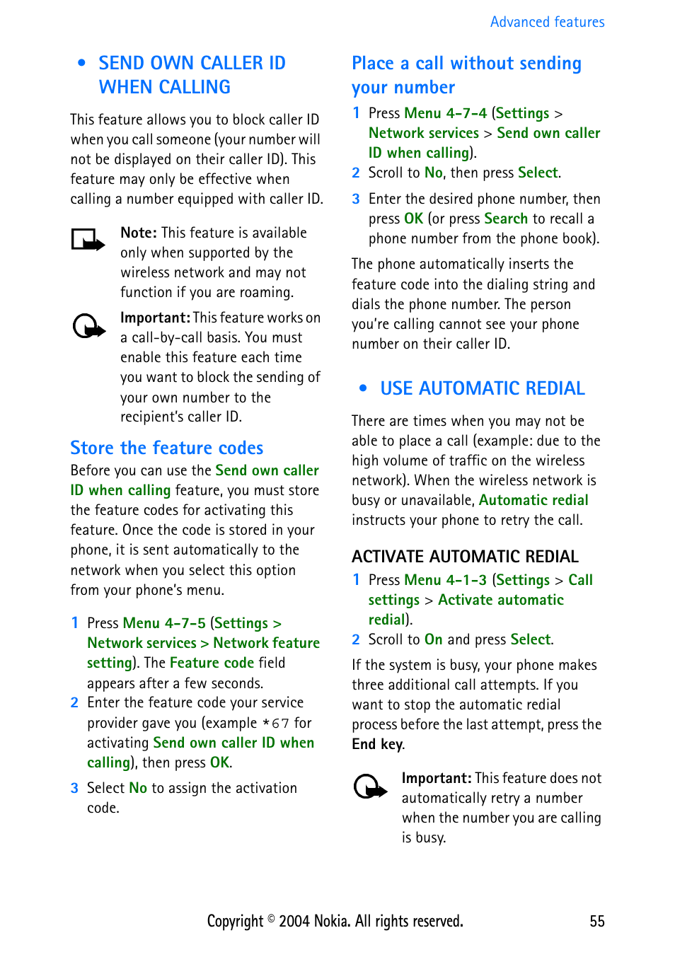 Send own caller id when calling, Store the feature codes, Place a call without sending your number | Use automatic redial, Activate automatic redial | Nokia 3586 User Manual | Page 59 / 98