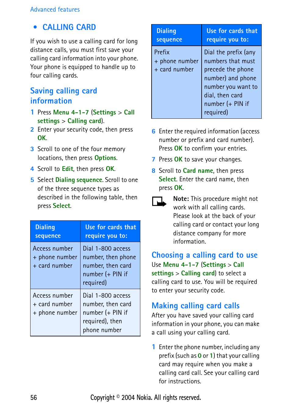 Calling card, Saving calling card information, Choosing a calling card to use | Making calling card calls | Nokia 3586 User Manual | Page 60 / 98