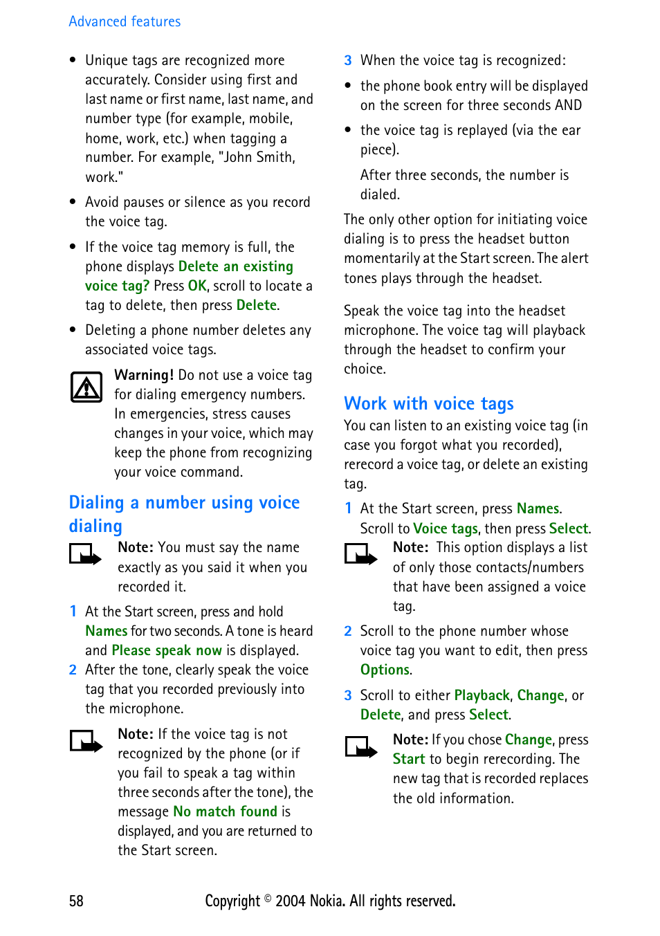 Dialing a number using voice dialing, Work with voice tags | Nokia 3586 User Manual | Page 62 / 98
