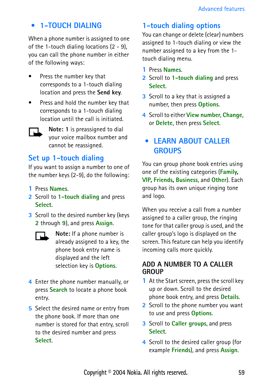 Touch dialing, Set up 1-touch dialing, Touch dialing options | Learn about caller groups, Add a number to a caller group, Touch dialing learn about caller groups | Nokia 3586 User Manual | Page 63 / 98