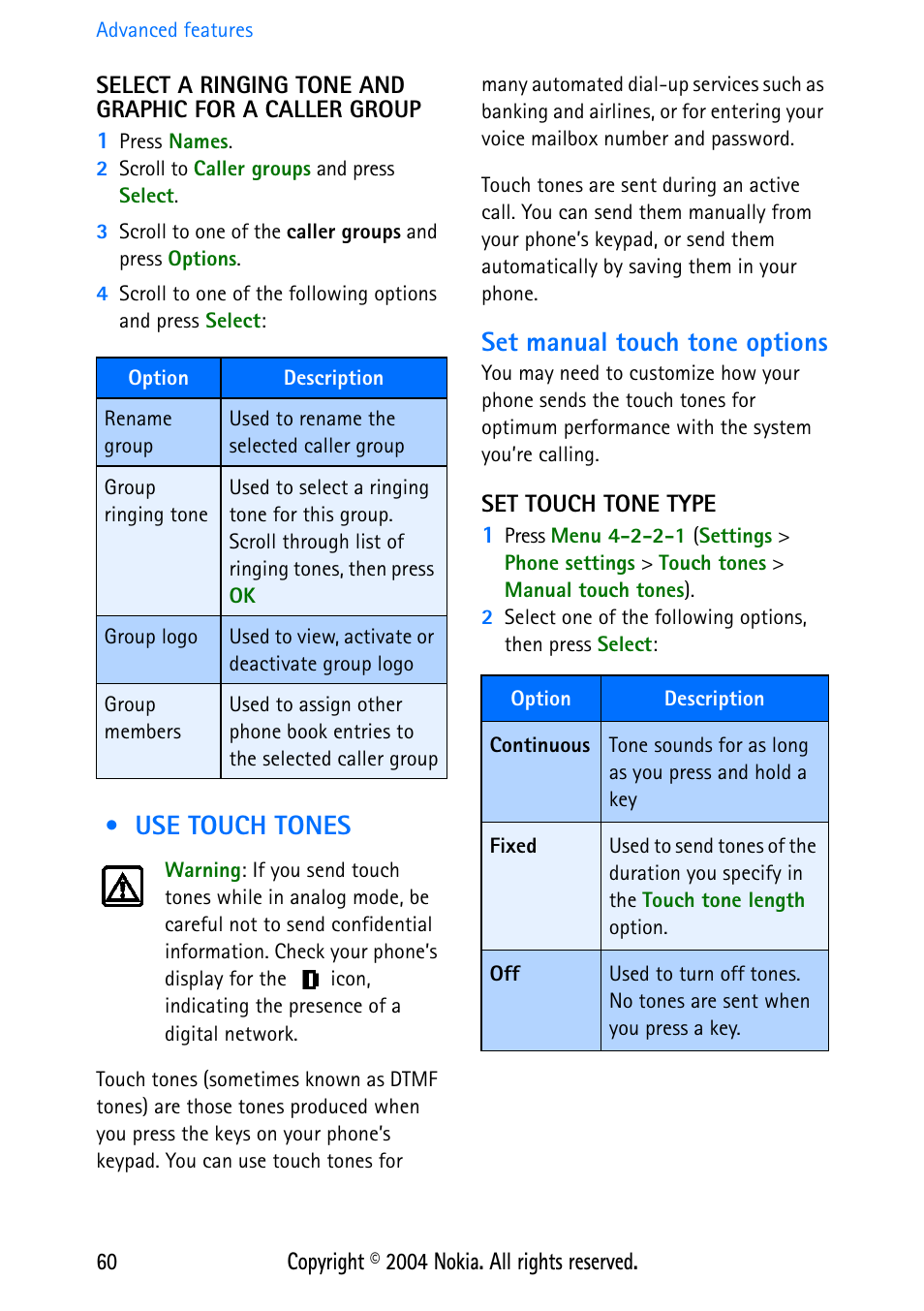 Use touch tones, Set manual touch tone options, Set touch tone type | Nokia 3586 User Manual | Page 64 / 98