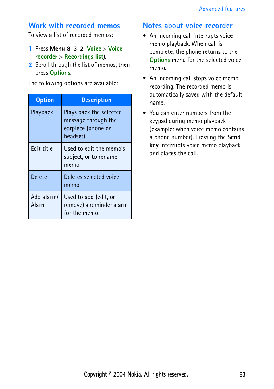 Work with recorded memos, Notes about voice recorder | Nokia 3586 User Manual | Page 67 / 98