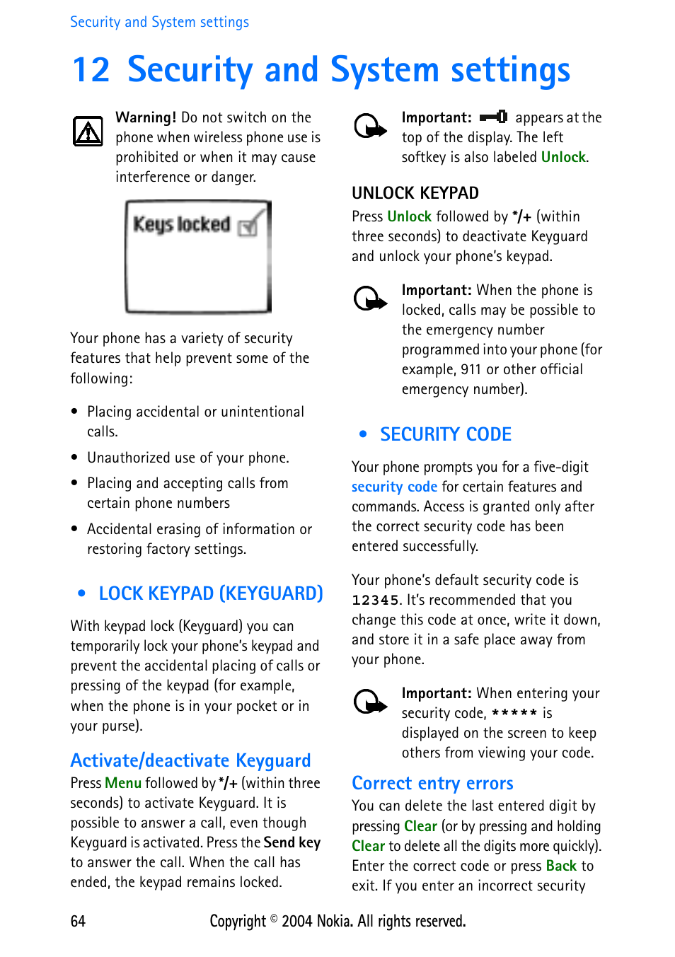 12 security and system settings, Lock keypad (keyguard), Activate/deactivate keyguard | Unlock keypad, Security code, Correct entry errors, 12 security and system, Settings, Lock keypad (keyguard) security code | Nokia 3586 User Manual | Page 68 / 98