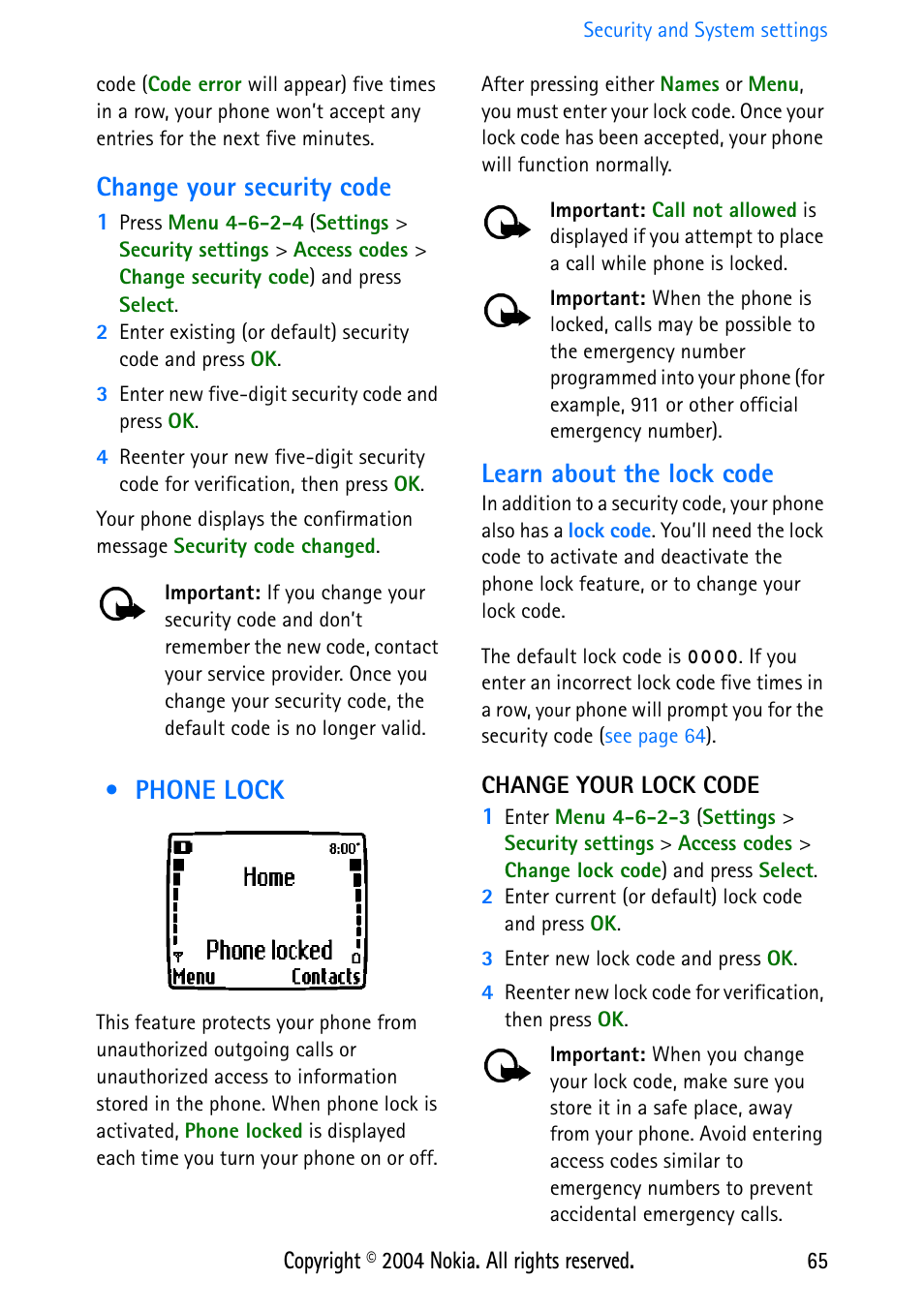 Change your security code, Phone lock, Learn about the lock code | Change your lock code | Nokia 3586 User Manual | Page 69 / 98
