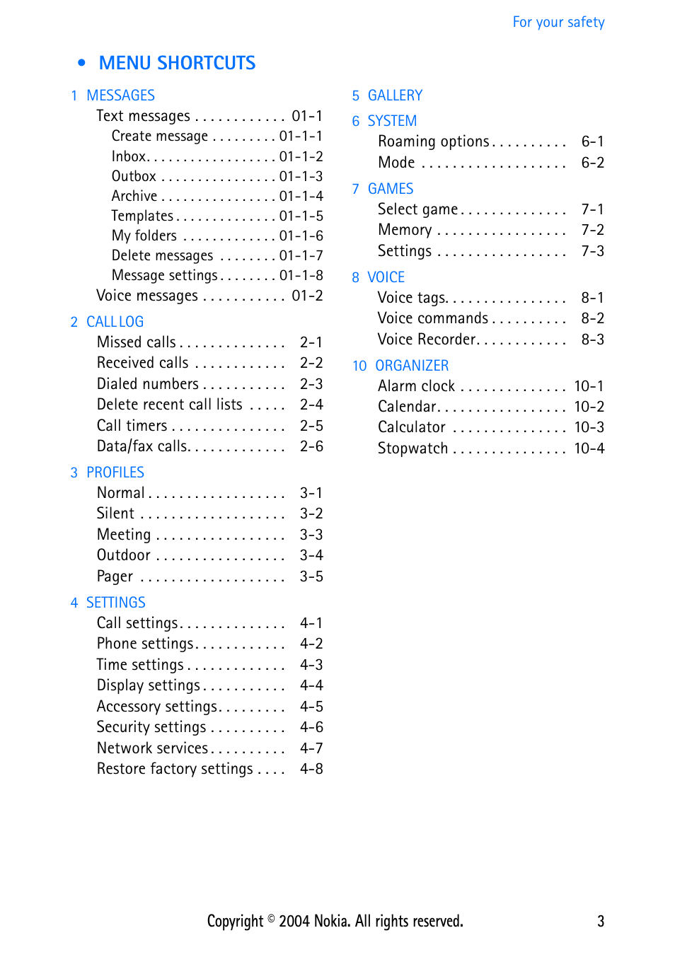 Menu shortcuts | Nokia 3586 User Manual | Page 7 / 98
