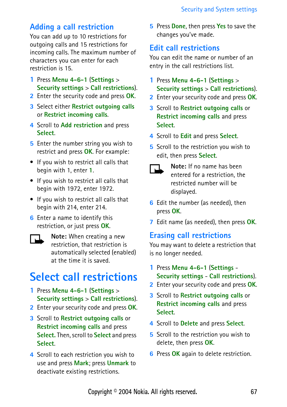 Adding a call restriction, Select call restrictions, Edit call restrictions | Erasing call restrictions | Nokia 3586 User Manual | Page 71 / 98