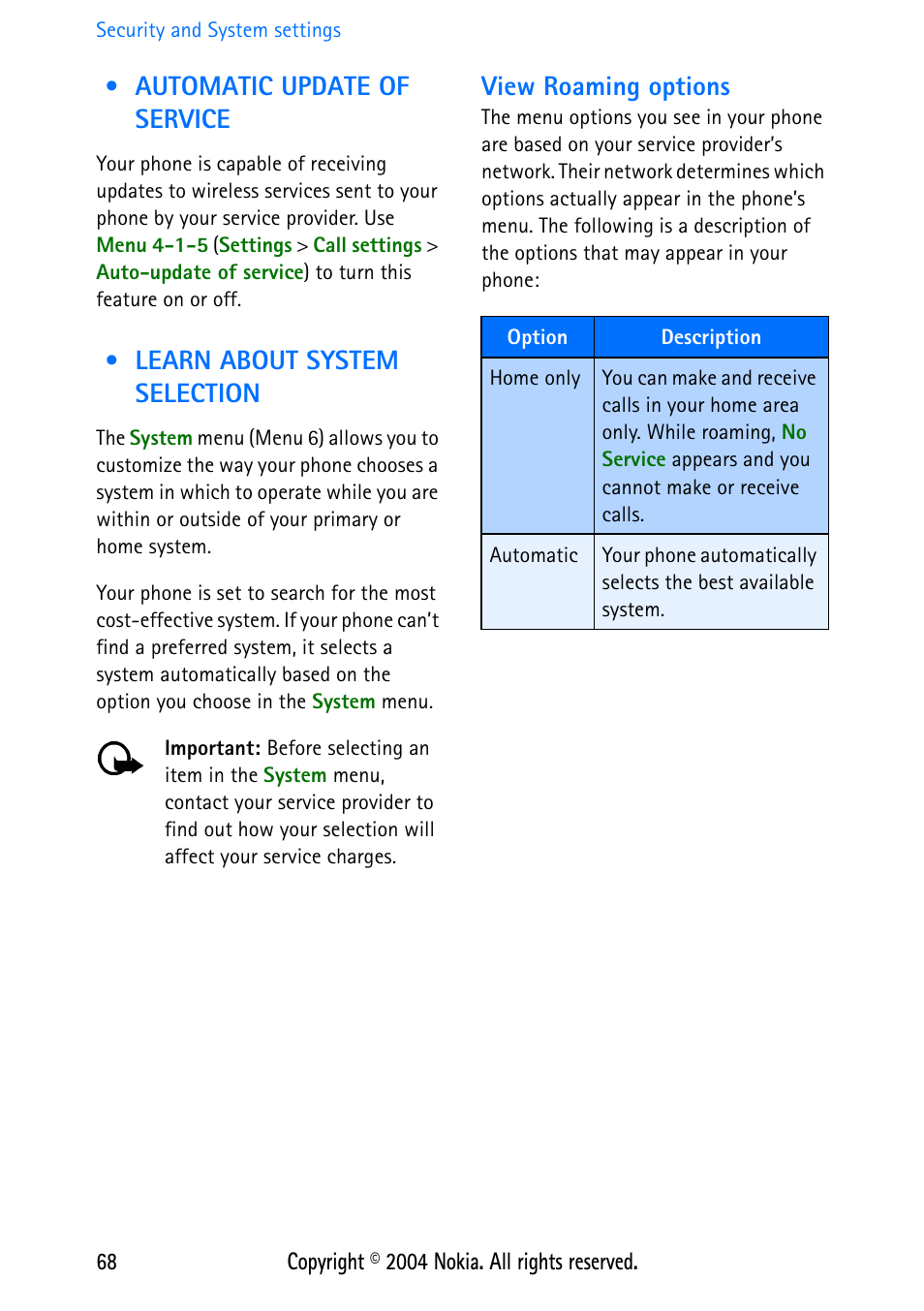 Automatic update of service, Learn about system selection, View roaming options | Nokia 3586 User Manual | Page 72 / 98