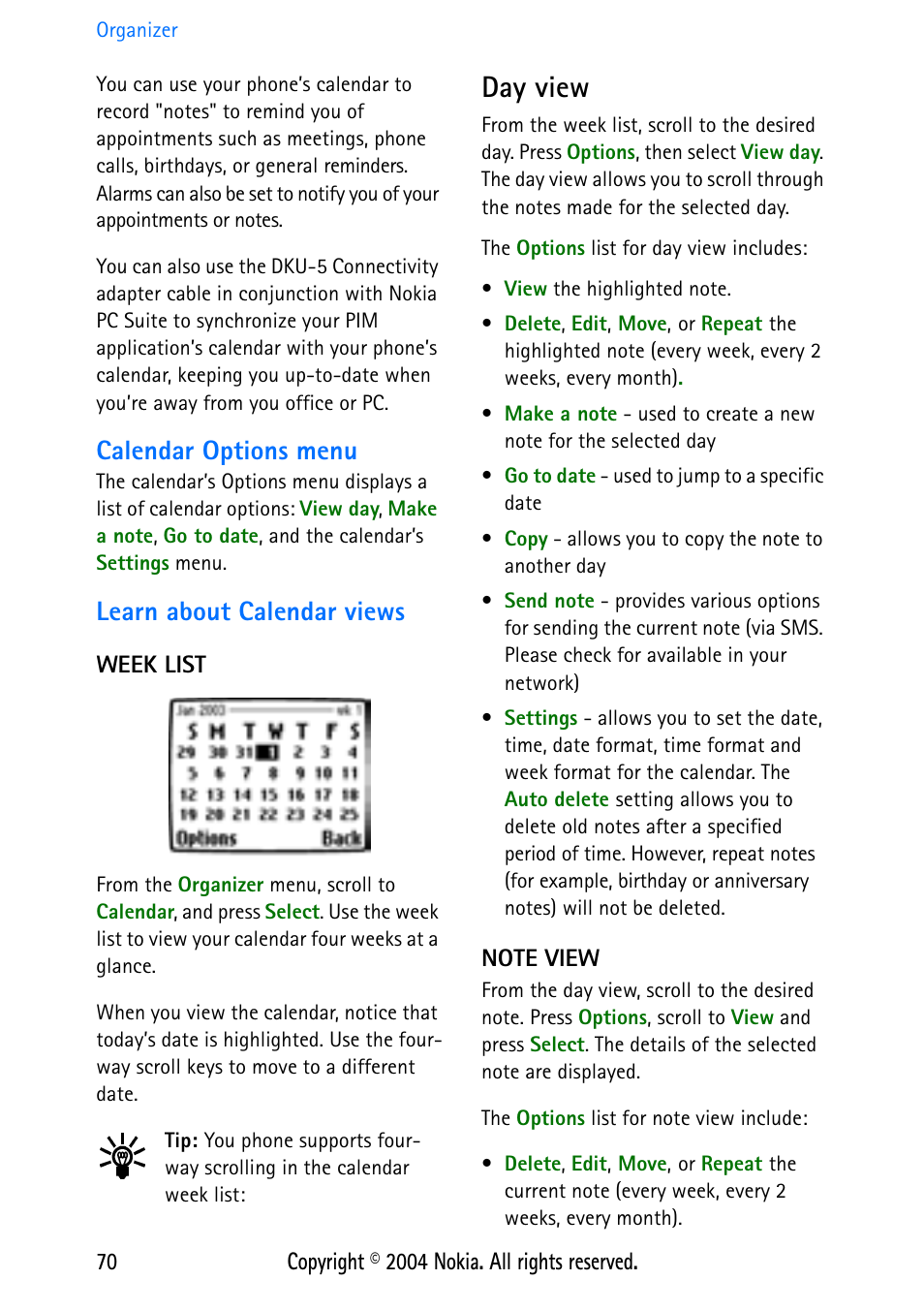 Calendar options menu, Learn about calendar views, Week list | Day view, Note view | Nokia 3586 User Manual | Page 74 / 98