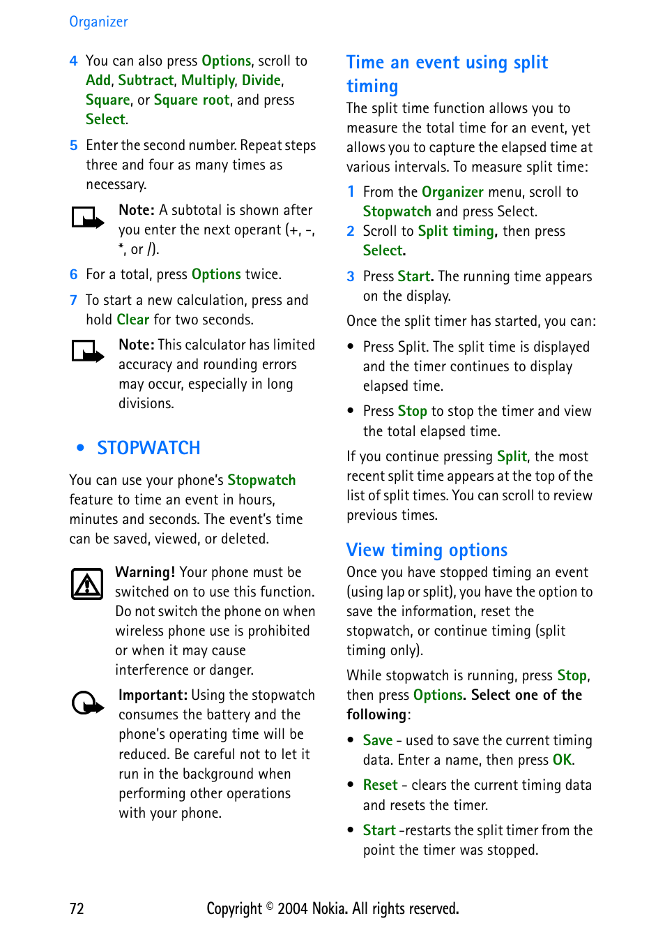 Stopwatch, Time an event using split timing, View timing options | Nokia 3586 User Manual | Page 76 / 98