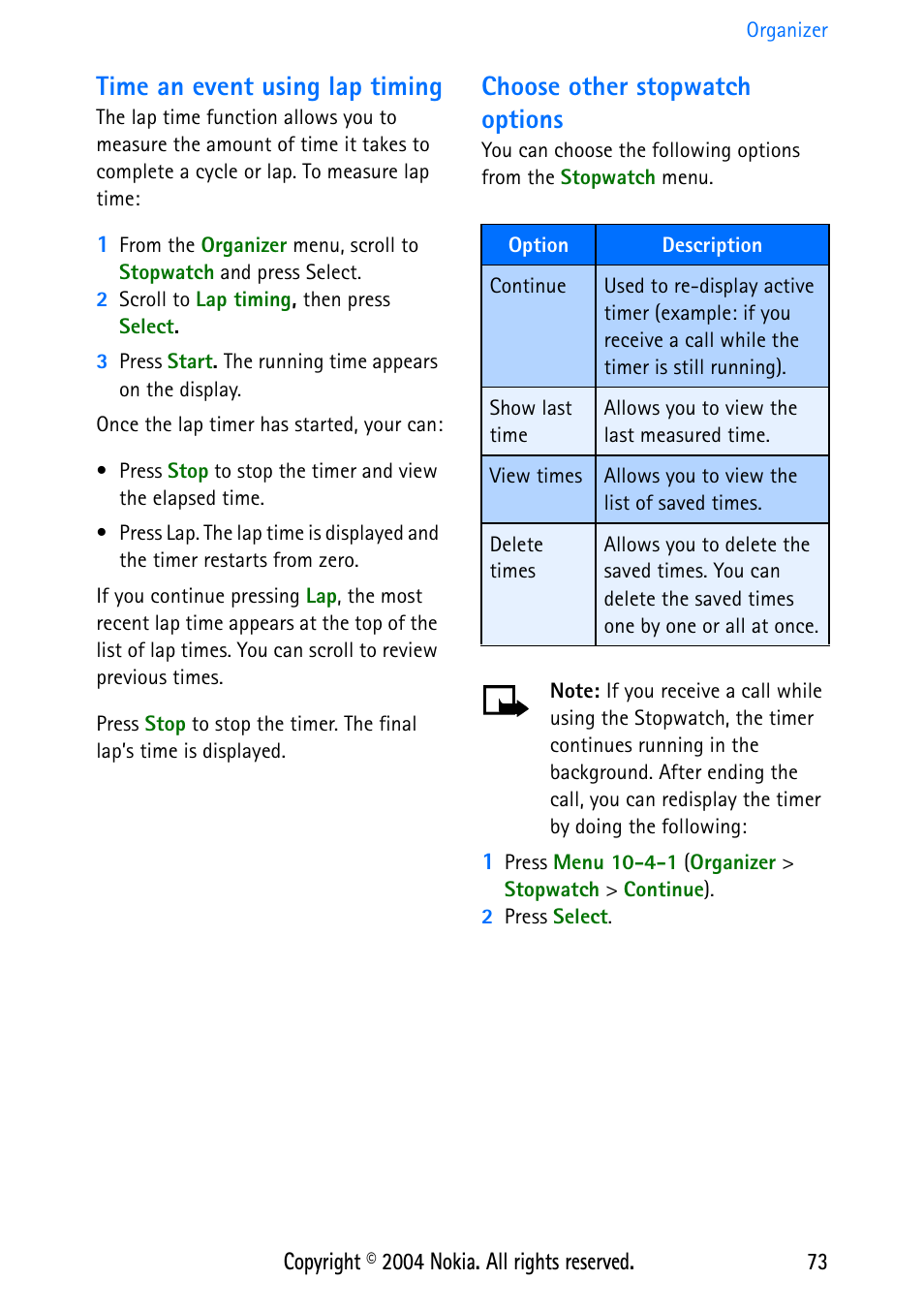 Time an event using lap timing, Choose other stopwatch options | Nokia 3586 User Manual | Page 77 / 98