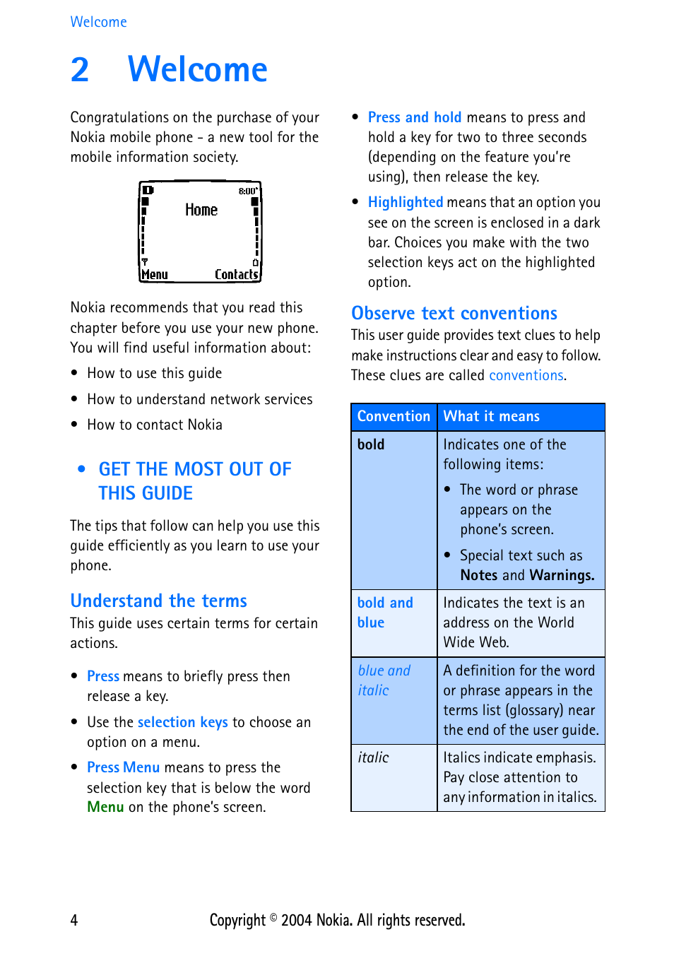 2 welcome, Get the most out of this guide, Understand the terms | Observe text conventions, Get the most out of this guide . 4, 2welcome | Nokia 3586 User Manual | Page 8 / 98