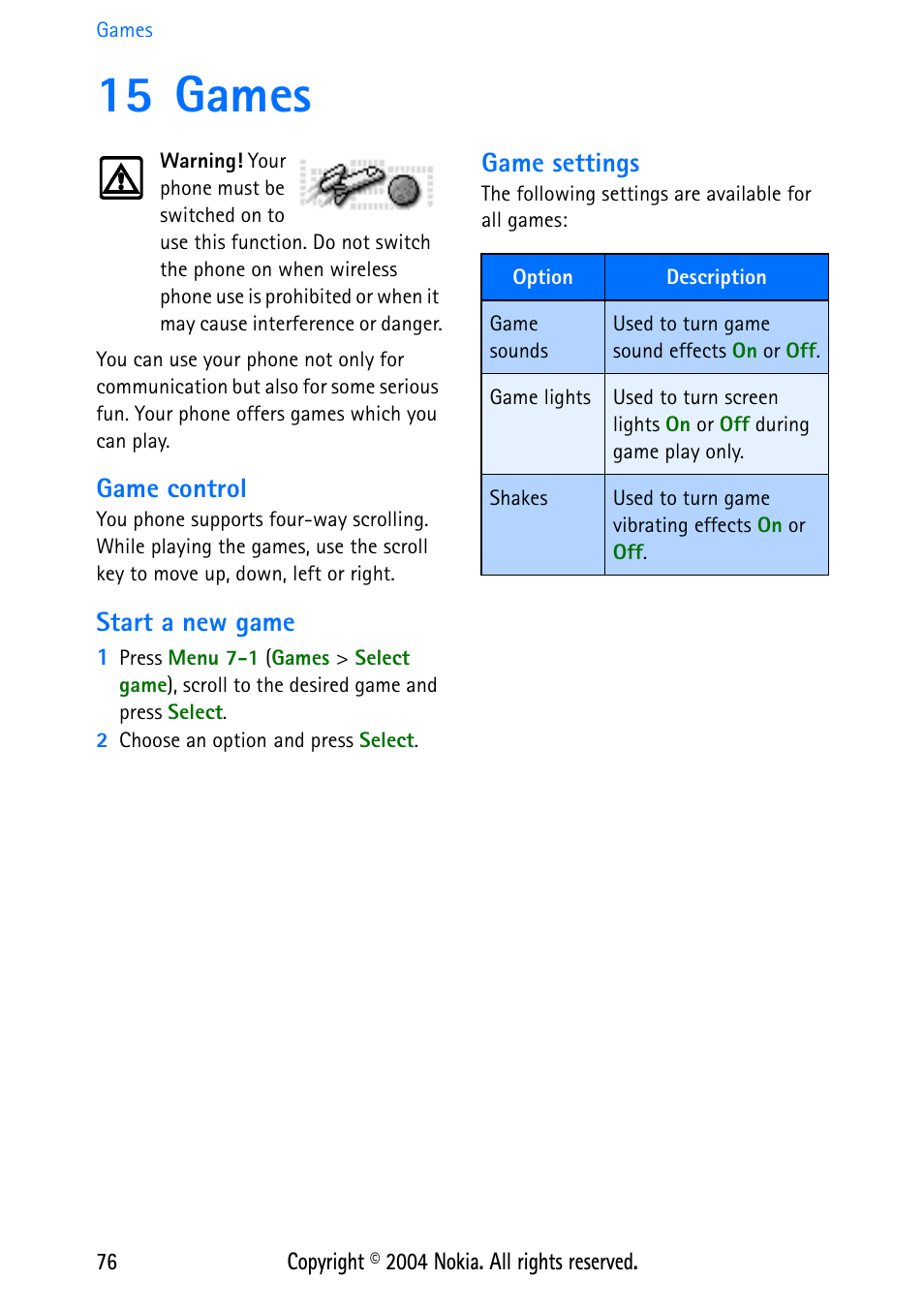 15 games, Game control, Start a new game | Game settings | Nokia 3586 User Manual | Page 80 / 98