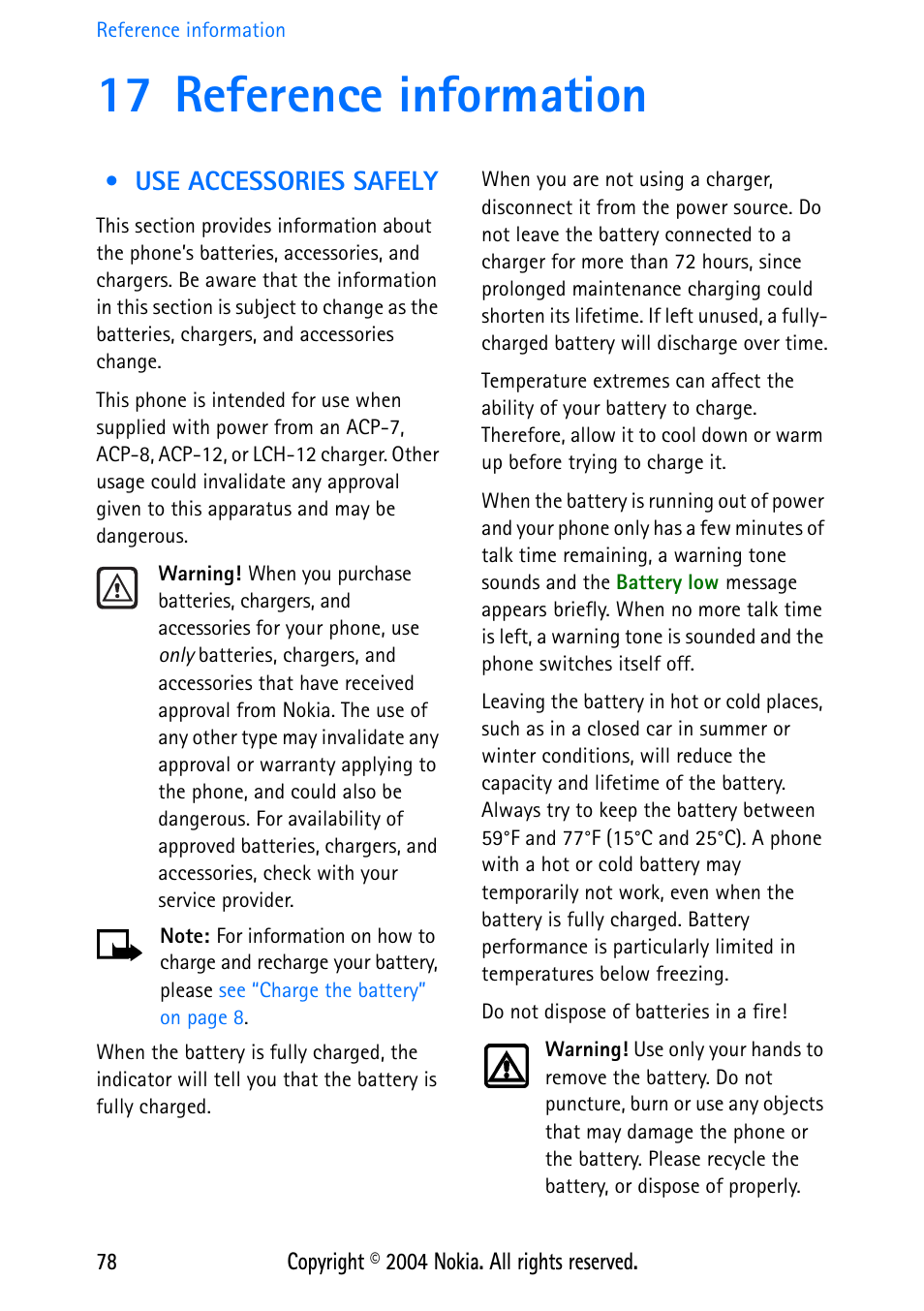 17 reference information, Use accessories safely | Nokia 3586 User Manual | Page 82 / 98