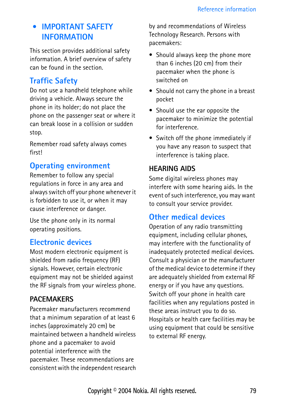 Important safety information, Traffic safety, Operating environment | Electronic devices, Pacemakers, Hearing aids, Other medical devices, Important safety information. 79 | Nokia 3586 User Manual | Page 83 / 98