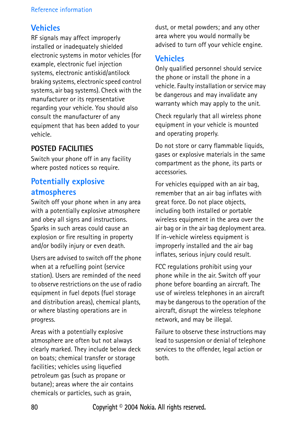 Vehicles, Posted facilities, Potentially explosive atmospheres | Nokia 3586 User Manual | Page 84 / 98