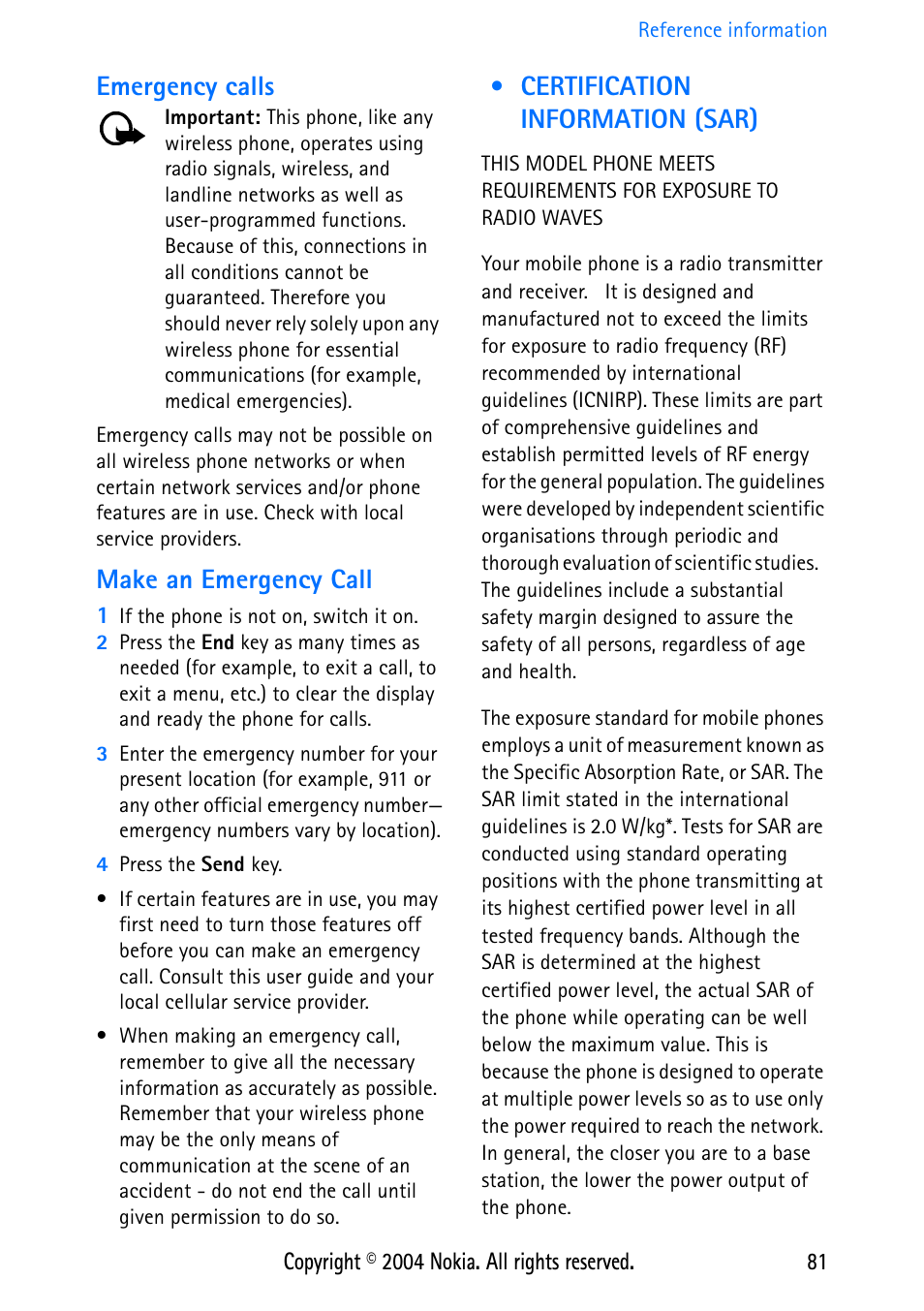 Emergency calls, Make an emergency call, Certification information (sar) | Nokia 3586 User Manual | Page 85 / 98