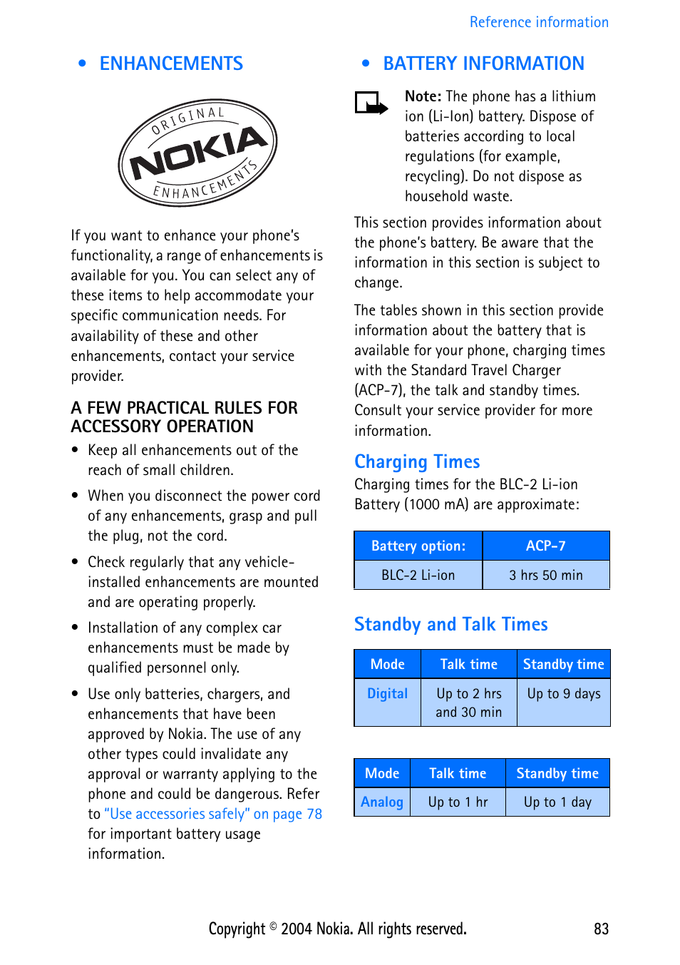 Enhancements, A few practical rules for accessory operation, Battery information | Charging times, Standby and talk times, Digital, Analog, Enhancements battery information, Battery | Nokia 3586 User Manual | Page 87 / 98