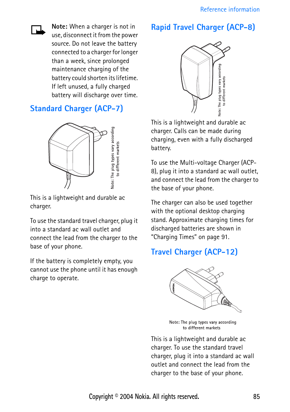Standard charger (acp-7), Rapid travel charger (acp-8), Travel charger (acp-12) | Nokia 3586 User Manual | Page 89 / 98