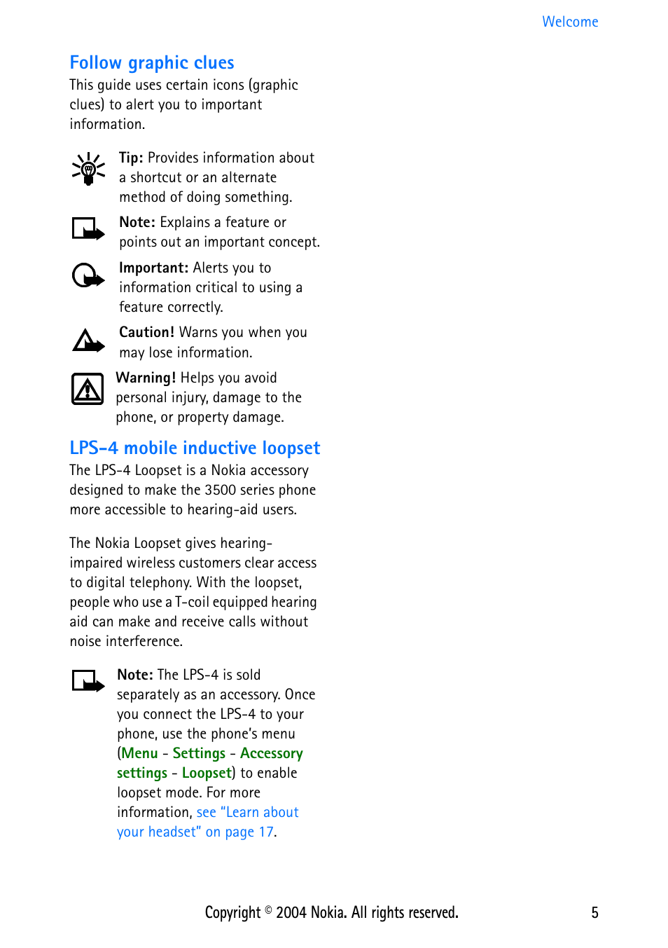Follow graphic clues, Lps-4 mobile inductive loopset | Nokia 3586 User Manual | Page 9 / 98
