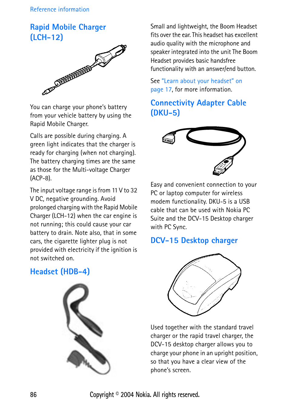 Rapid mobile charger (lch-12), Headset (hdb-4), Connectivity adapter cable (dku-5) | Dcv-15 desktop charger | Nokia 3586 User Manual | Page 90 / 98