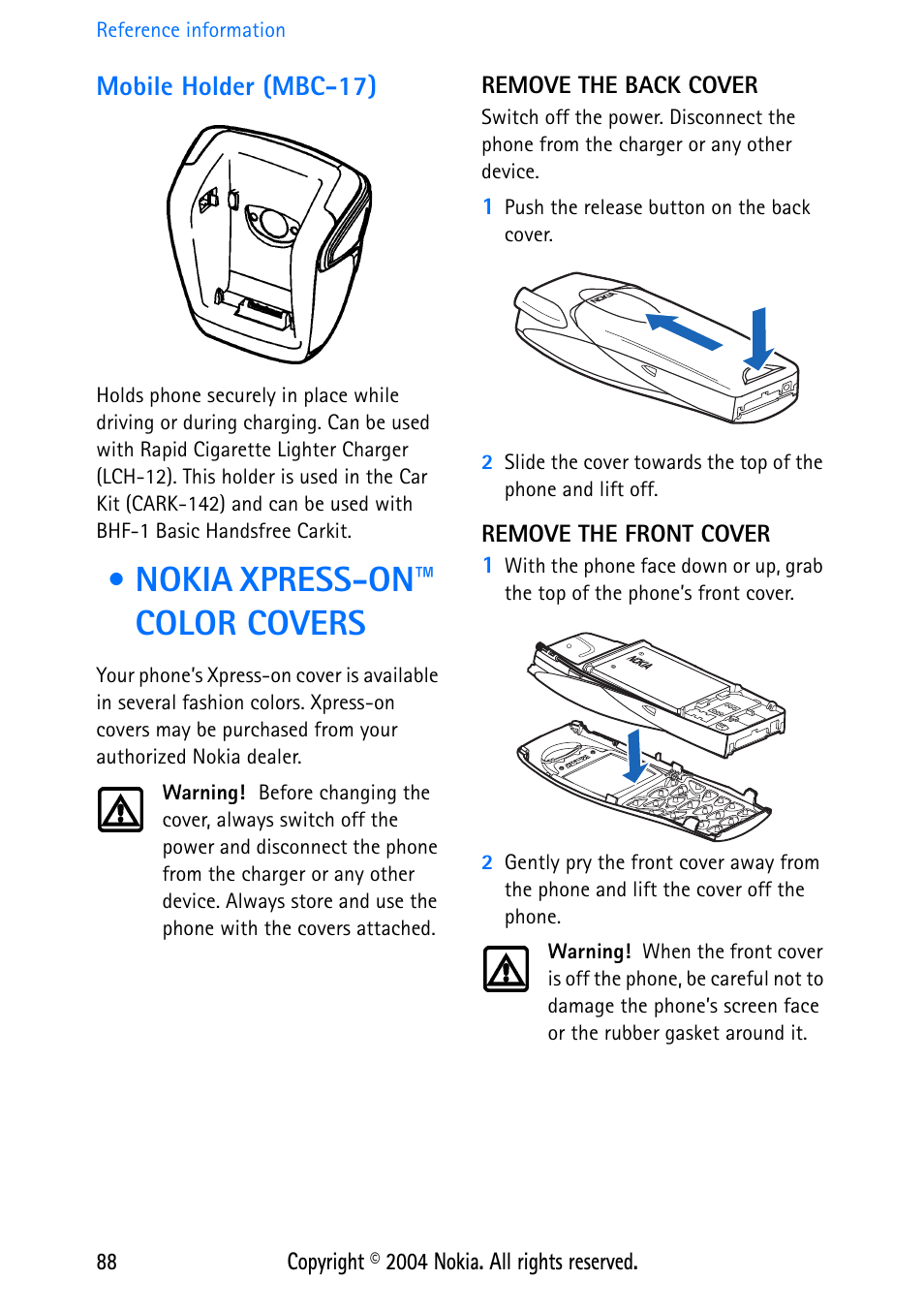 Mobile holder (mbc-17), Nokia xpress-on™ color covers, Remove the back cover | Remove the front cover | Nokia 3586 User Manual | Page 92 / 98