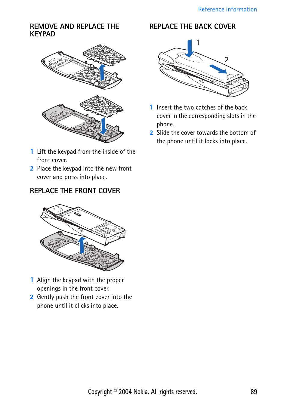 Remove and replace the keypad, Replace the front cover, Replace the back cover | Nokia 3586 User Manual | Page 93 / 98