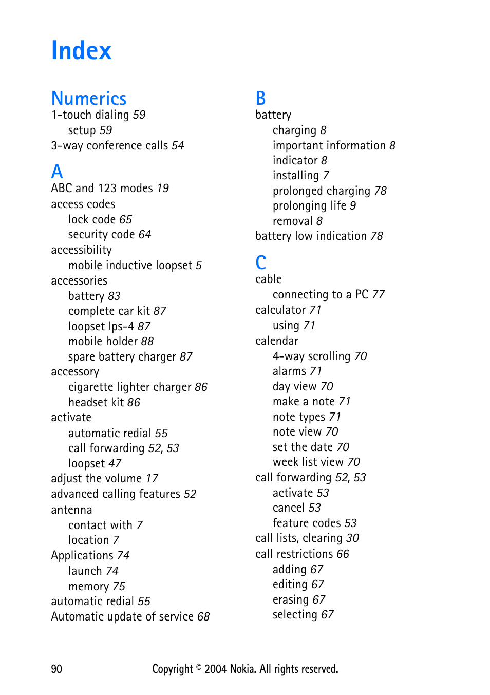 Index, Numerics | Nokia 3586 User Manual | Page 94 / 98