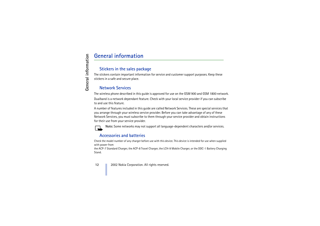 General information, Stickers in the sales package, Network services | Accessories and batteries | Nokia 5510 User Manual | Page 12 / 102