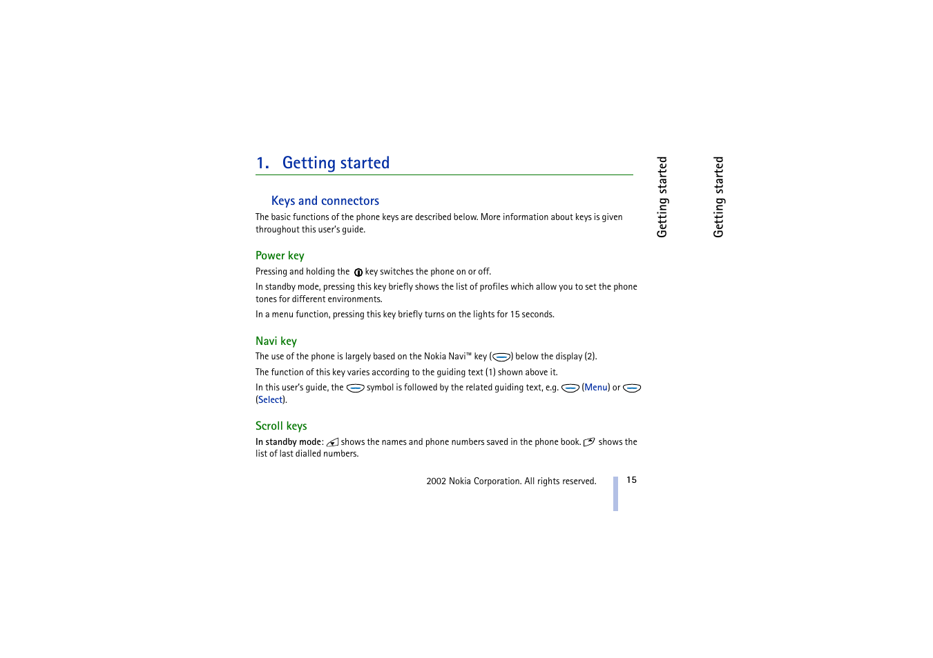 Getting started, Keys and connectors, Power key | Navi key, Scroll keys, Power key navi key scroll keys | Nokia 5510 User Manual | Page 15 / 102