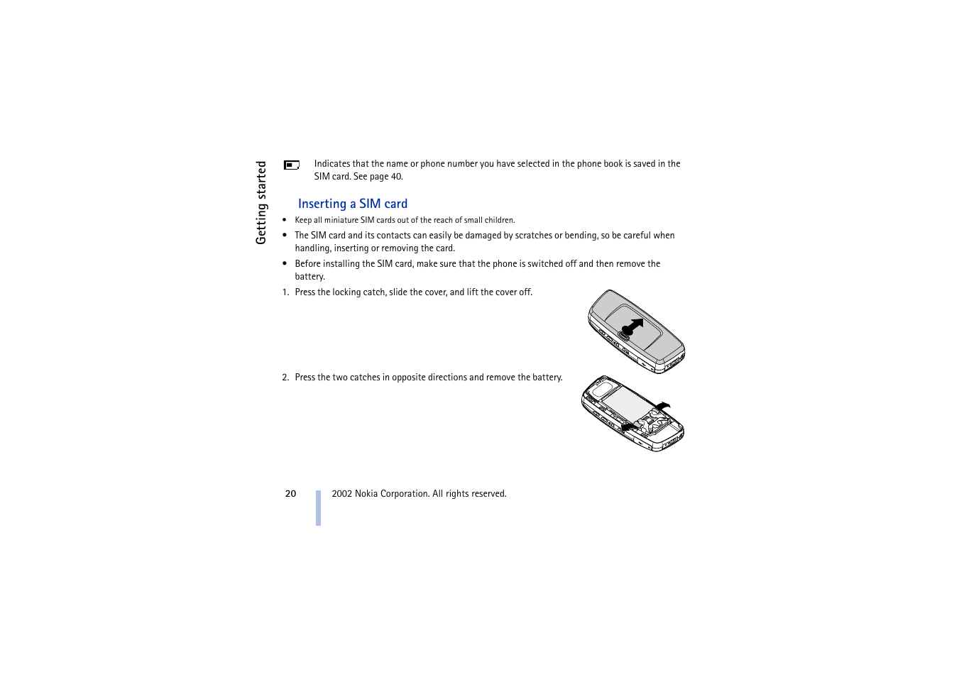 Inserting a sim card | Nokia 5510 User Manual | Page 20 / 102