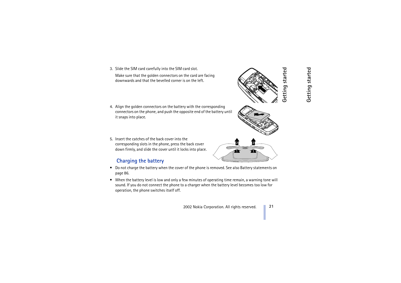 Charging the battery, Charging the battery on | Nokia 5510 User Manual | Page 21 / 102