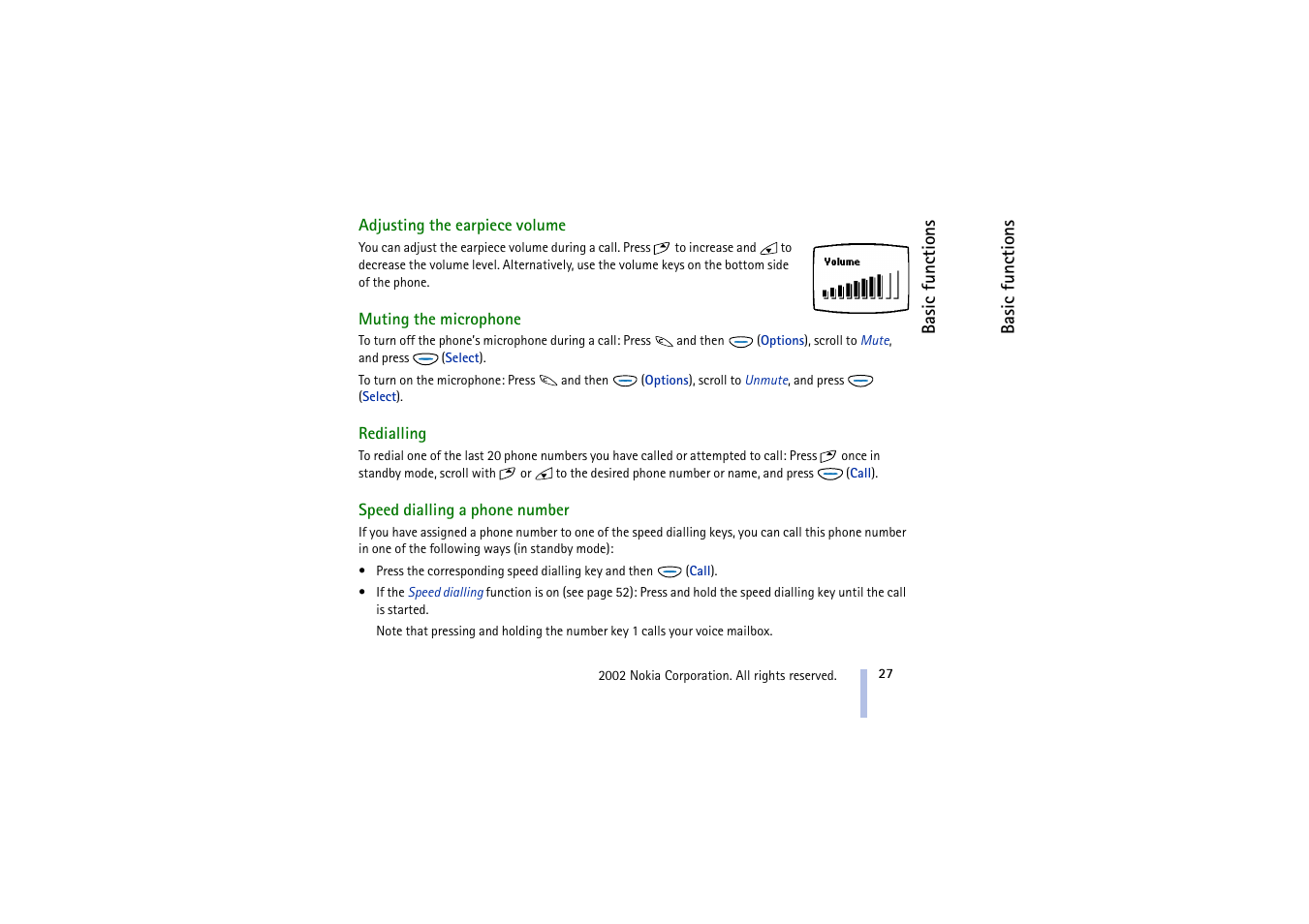 Adjusting the earpiece volume, Muting the microphone, Redialling | Speed dialling a phone number | Nokia 5510 User Manual | Page 27 / 102