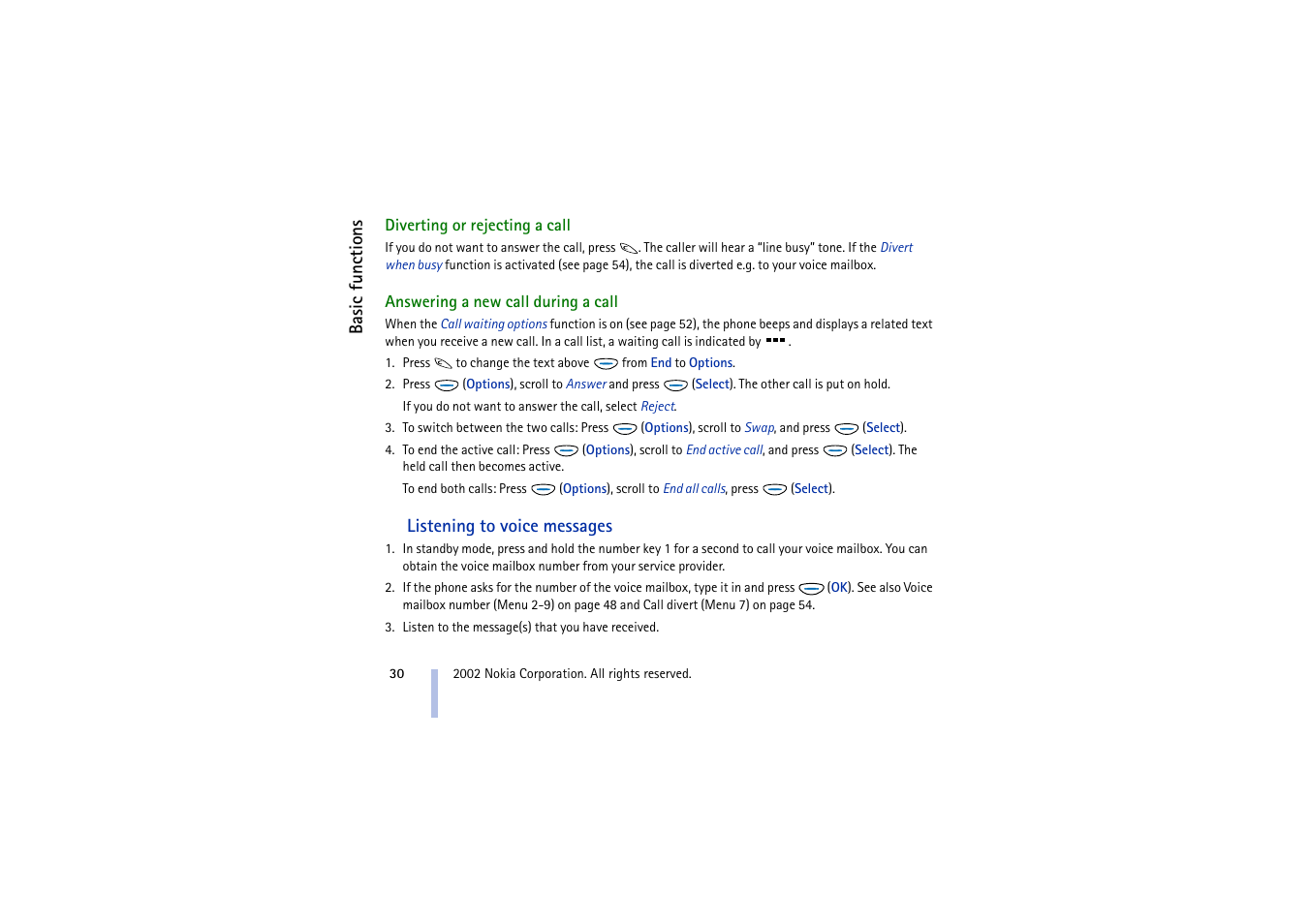 Diverting or rejecting a call, Answering a new call during a call, Listening to voice messages | Nokia 5510 User Manual | Page 30 / 102