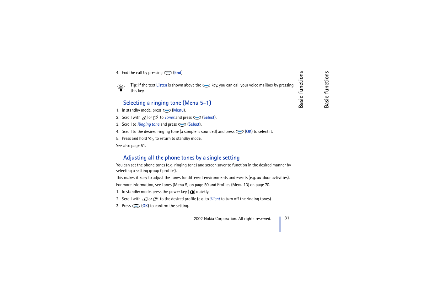 Selecting a ringing tone, Adjusting all the phone tones by a single setting | Nokia 5510 User Manual | Page 31 / 102