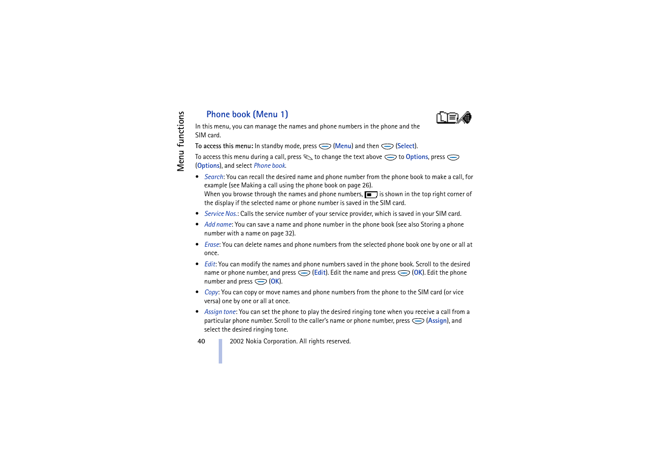 Phone book, Phone book (menu 1) | Nokia 5510 User Manual | Page 40 / 102