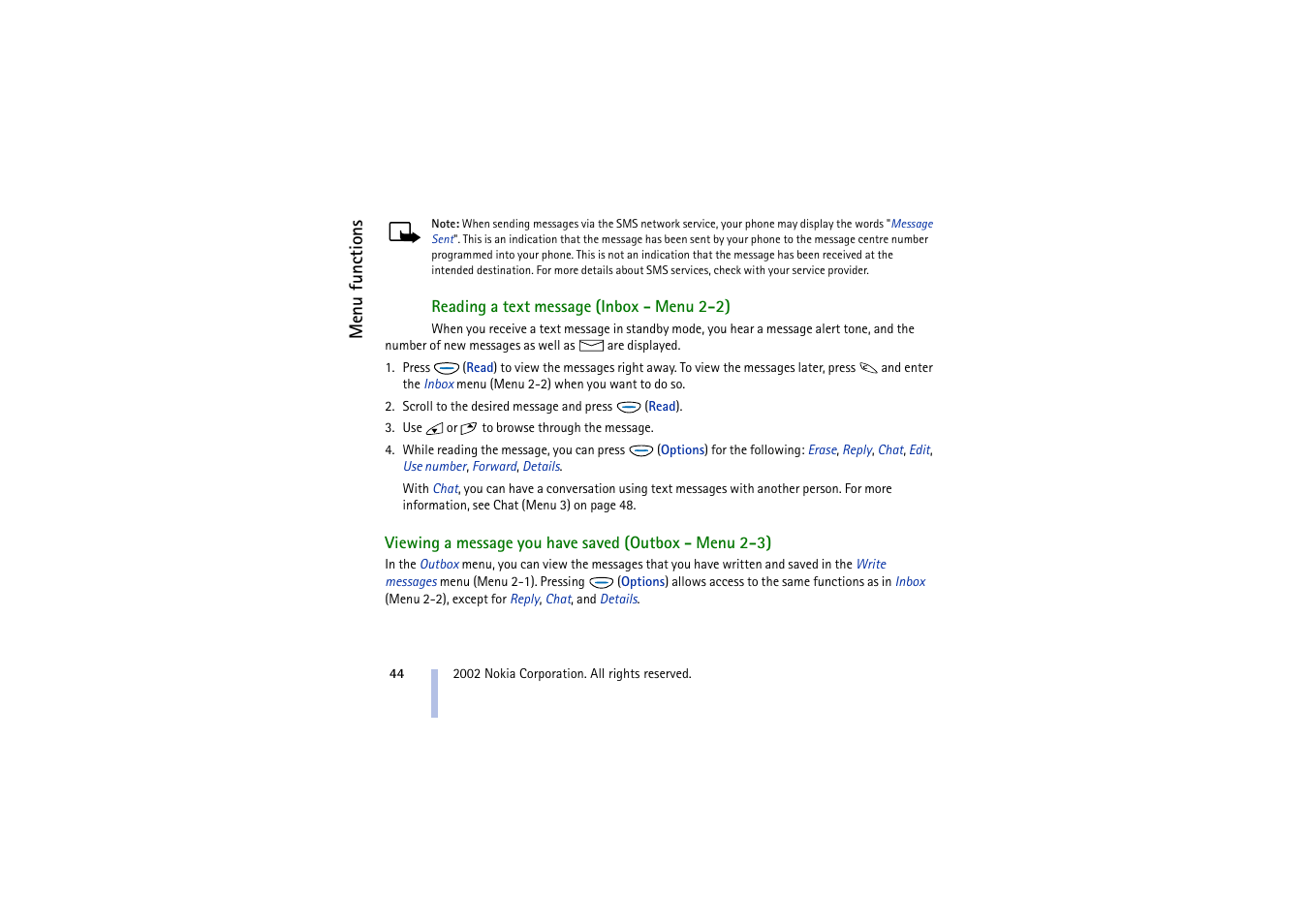 Reading a text message, Viewing a message you have saved | Nokia 5510 User Manual | Page 44 / 102