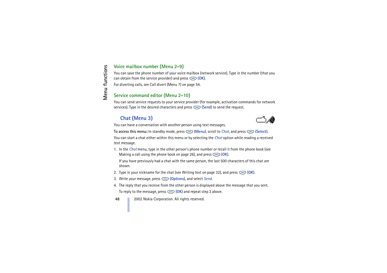 Voice mailbox number, Service command editor, Chat | Chat (menu 3), So voice | Nokia 5510 User Manual | Page 48 / 102