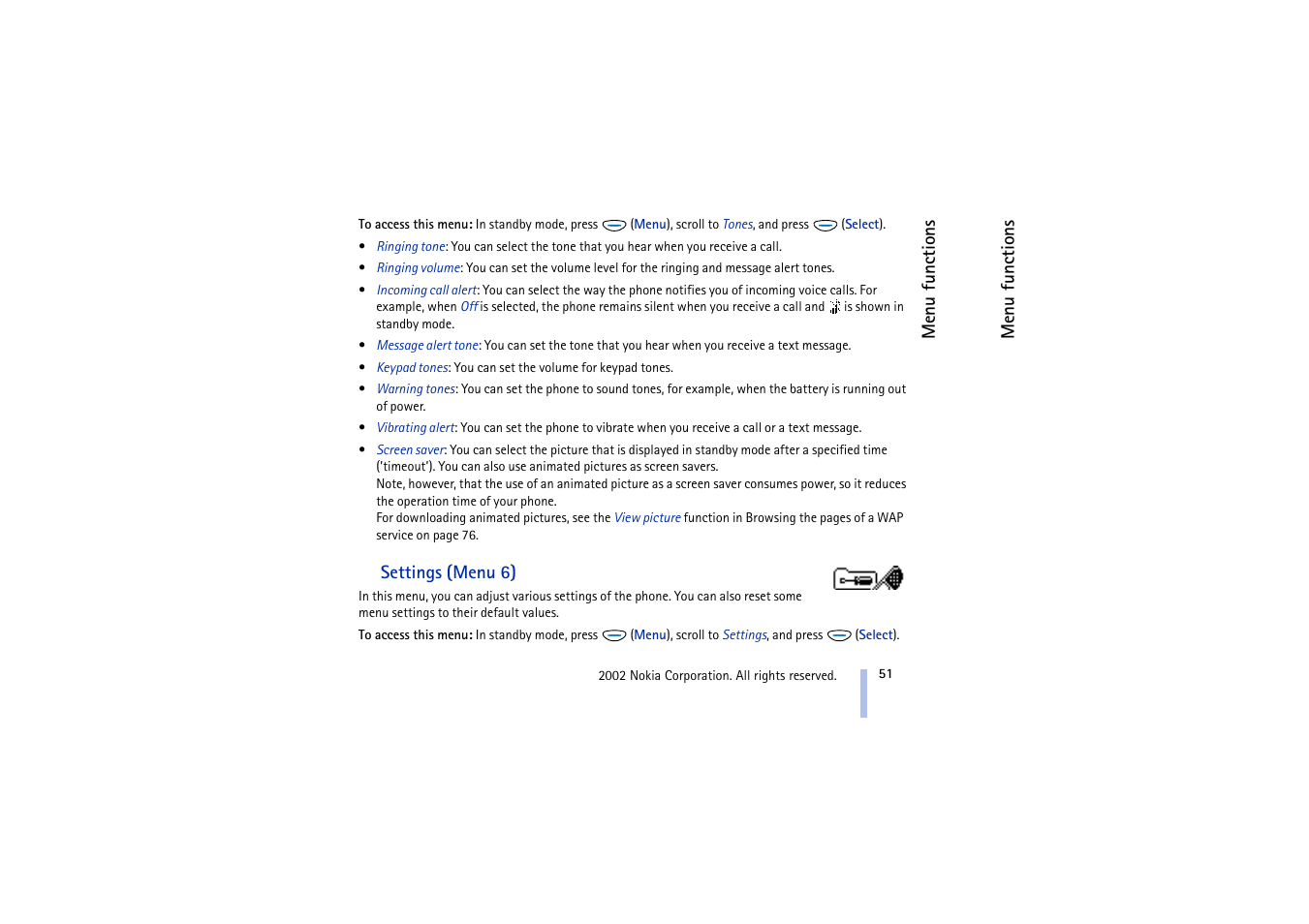 Settings, Settings (menu 6) | Nokia 5510 User Manual | Page 51 / 102