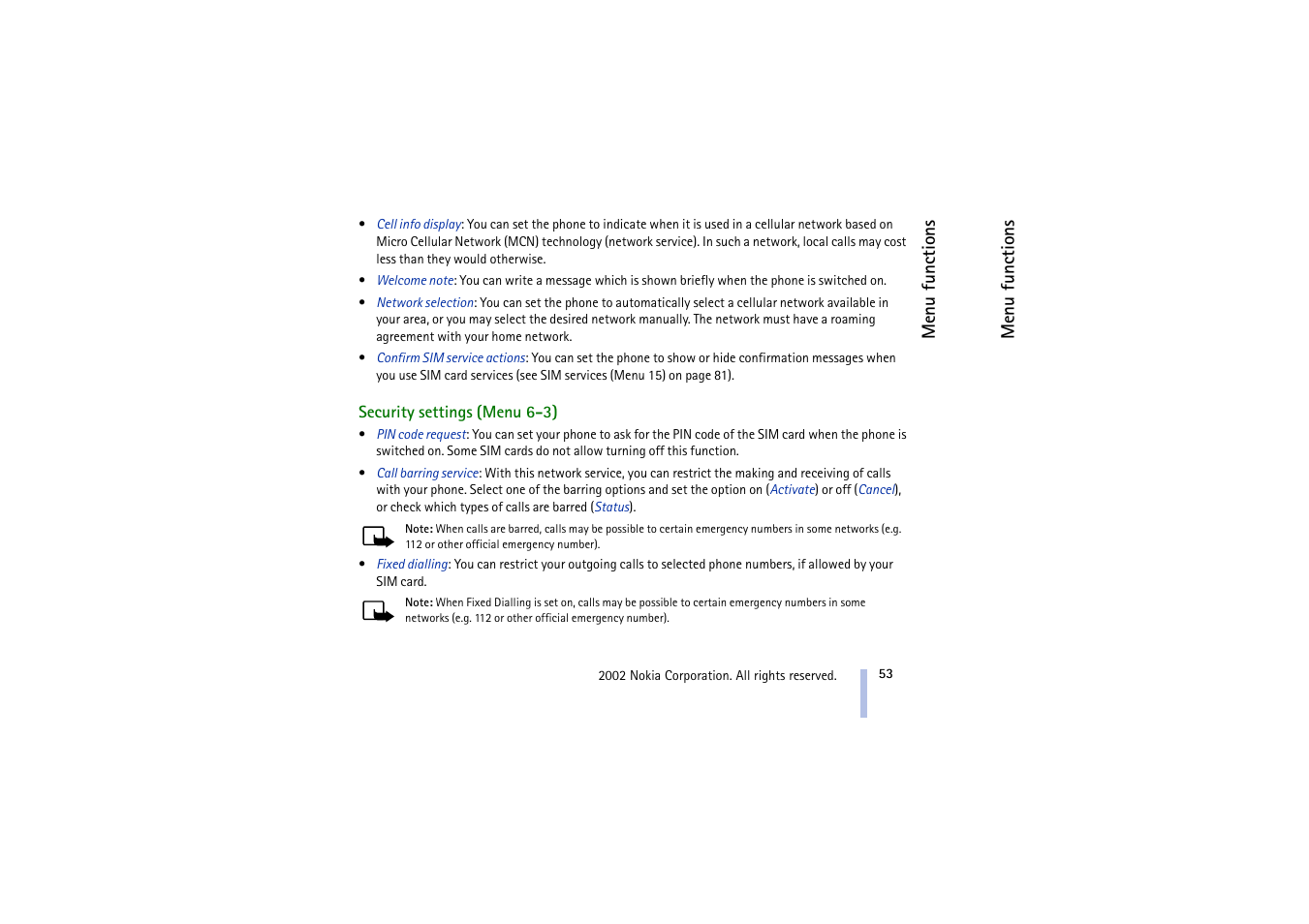 Security settings, Security settings (menu 6-3) | Nokia 5510 User Manual | Page 53 / 102