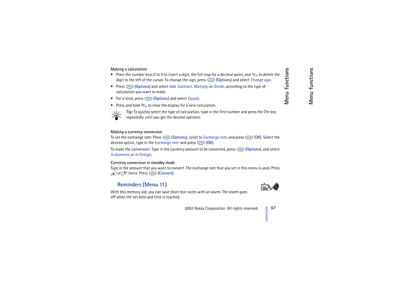 Reminders, Reminders (menu 11) | Nokia 5510 User Manual | Page 67 / 102