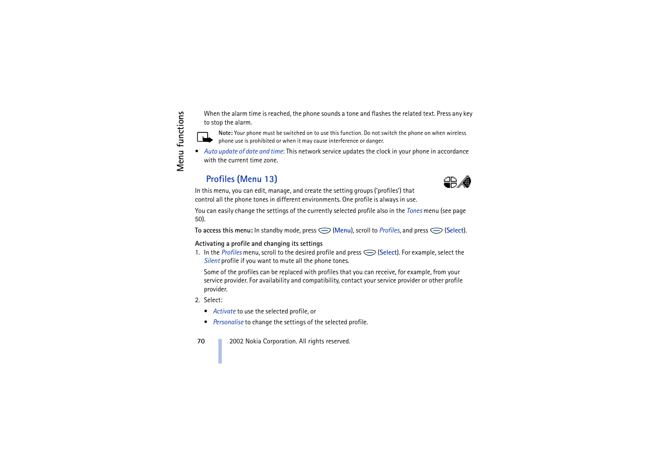 Profiles, Profiles (menu 13), D profiles (menu 13) | Nokia 5510 User Manual | Page 70 / 102