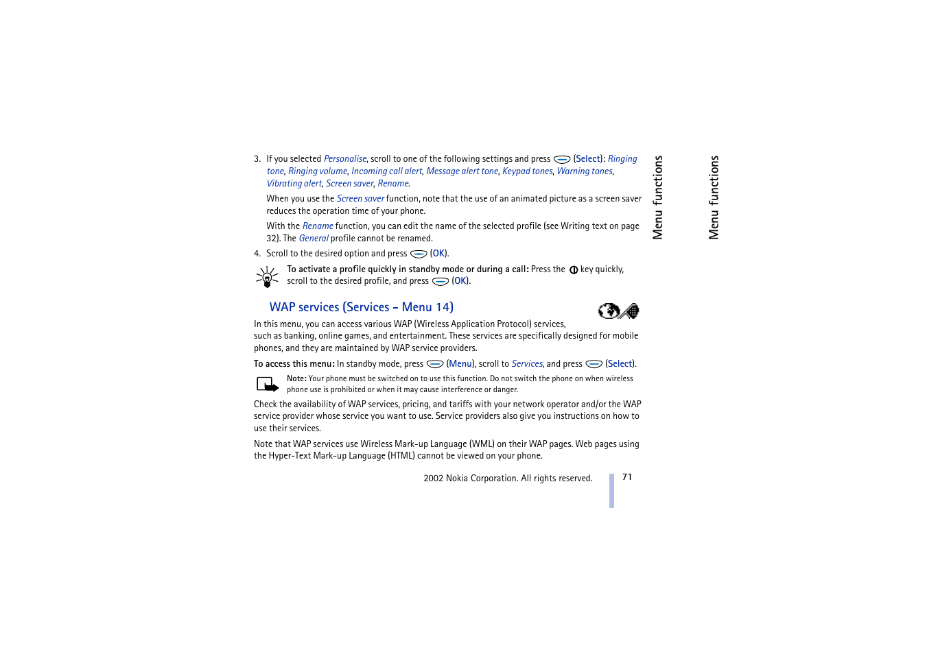 Wap services, Wap services (services - menu 14) | Nokia 5510 User Manual | Page 71 / 102
