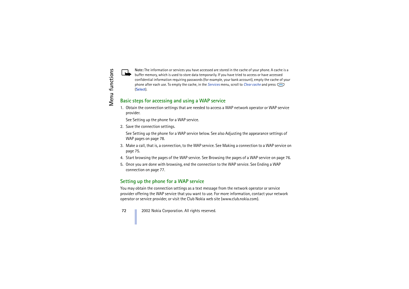 Basic steps for accessing and using a wap service, Setting up the phone for a wap service | Nokia 5510 User Manual | Page 72 / 102