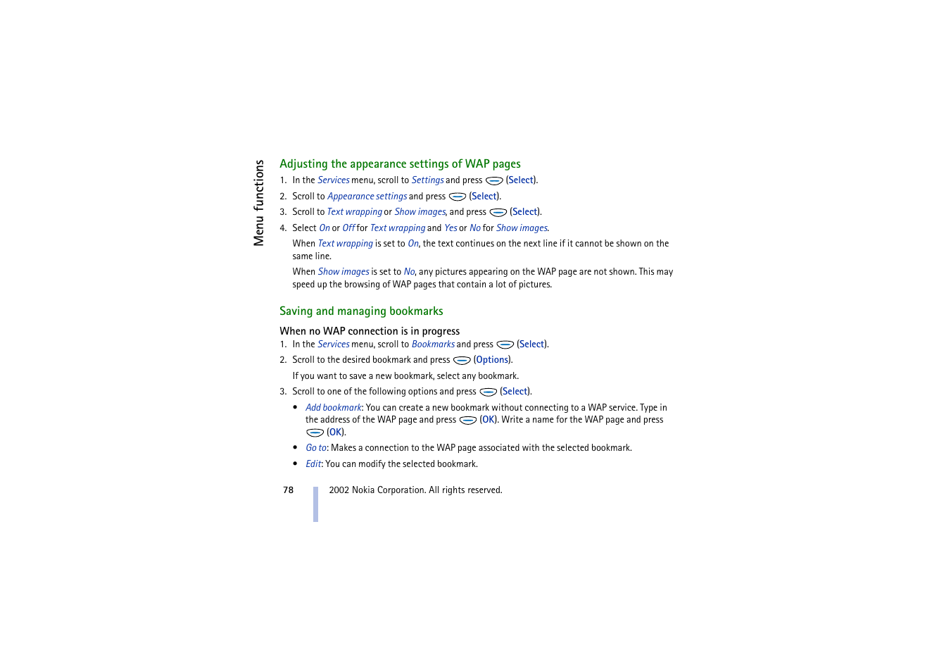 Saving and managing bookmarks, E saving and managing bookmarks on | Nokia 5510 User Manual | Page 78 / 102