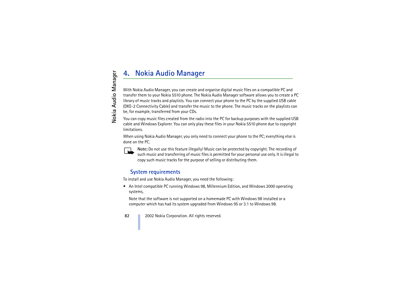 Nokia audio manager, System requirements, Ructions in chapter 4. nokia audio manager | Nokia 5510 User Manual | Page 82 / 102