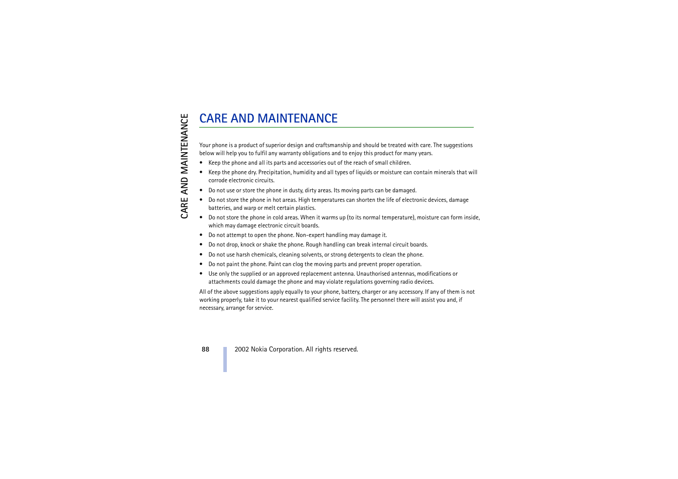Care and maintenance, Car e an d mainte nance | Nokia 5510 User Manual | Page 88 / 102
