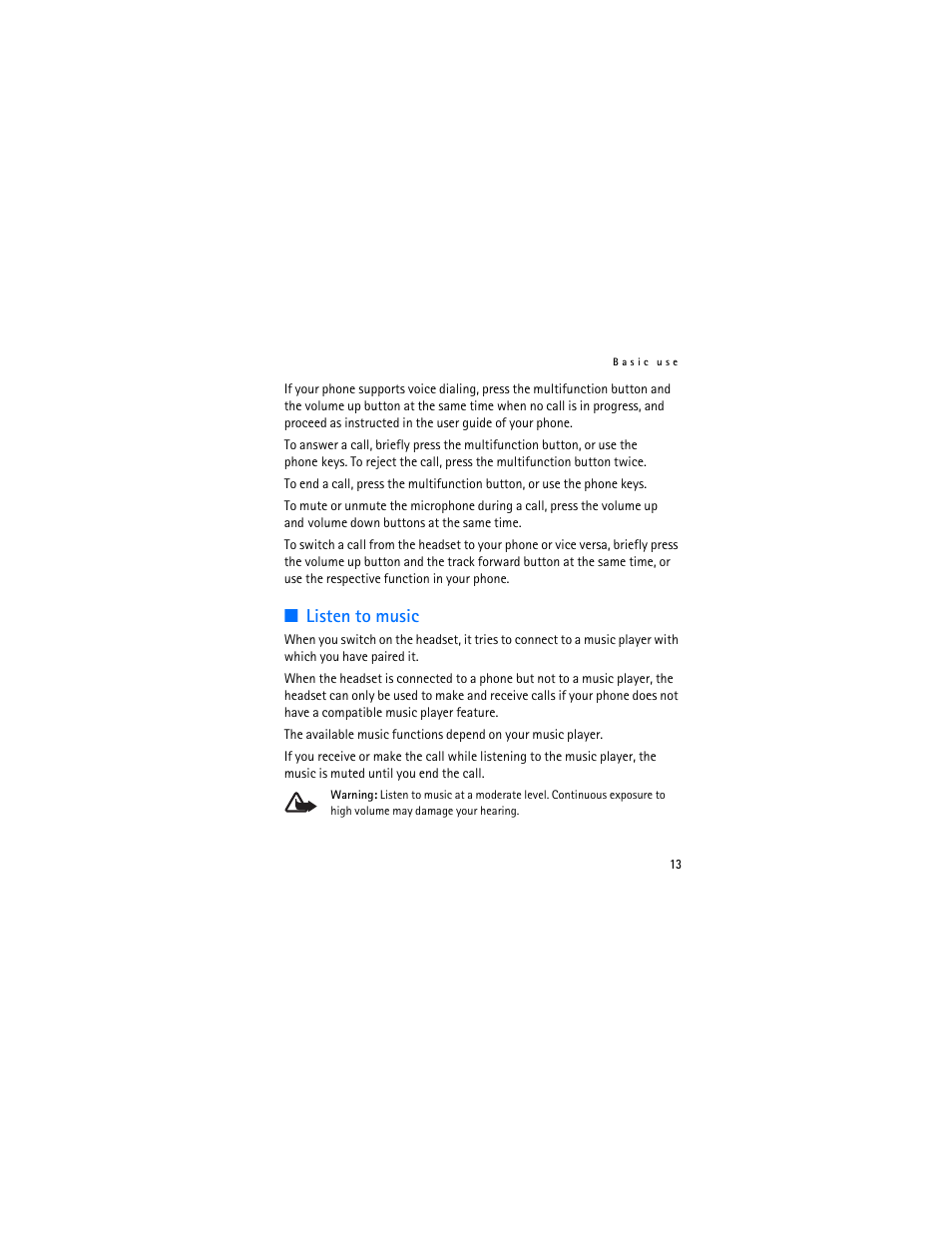 Listen to music | Nokia BH-601 User Manual | Page 13 / 78