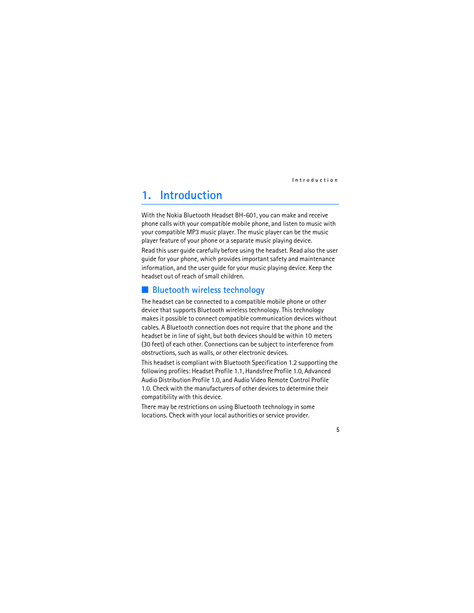 Introduction, Bluetooth wireless technology | Nokia BH-601 User Manual | Page 5 / 78